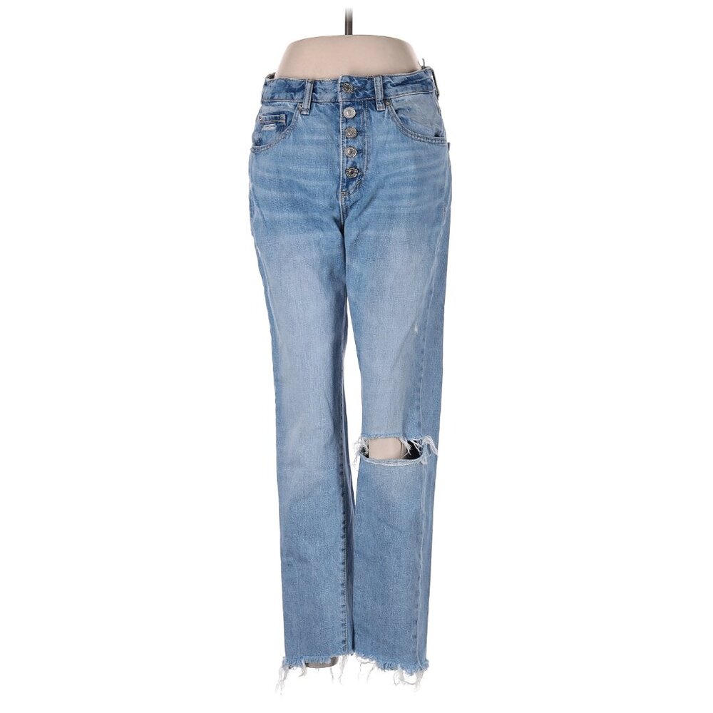 Garage Women's 7 High-Rise Distressed Button Fly Mom Jeans Light Wash Denim